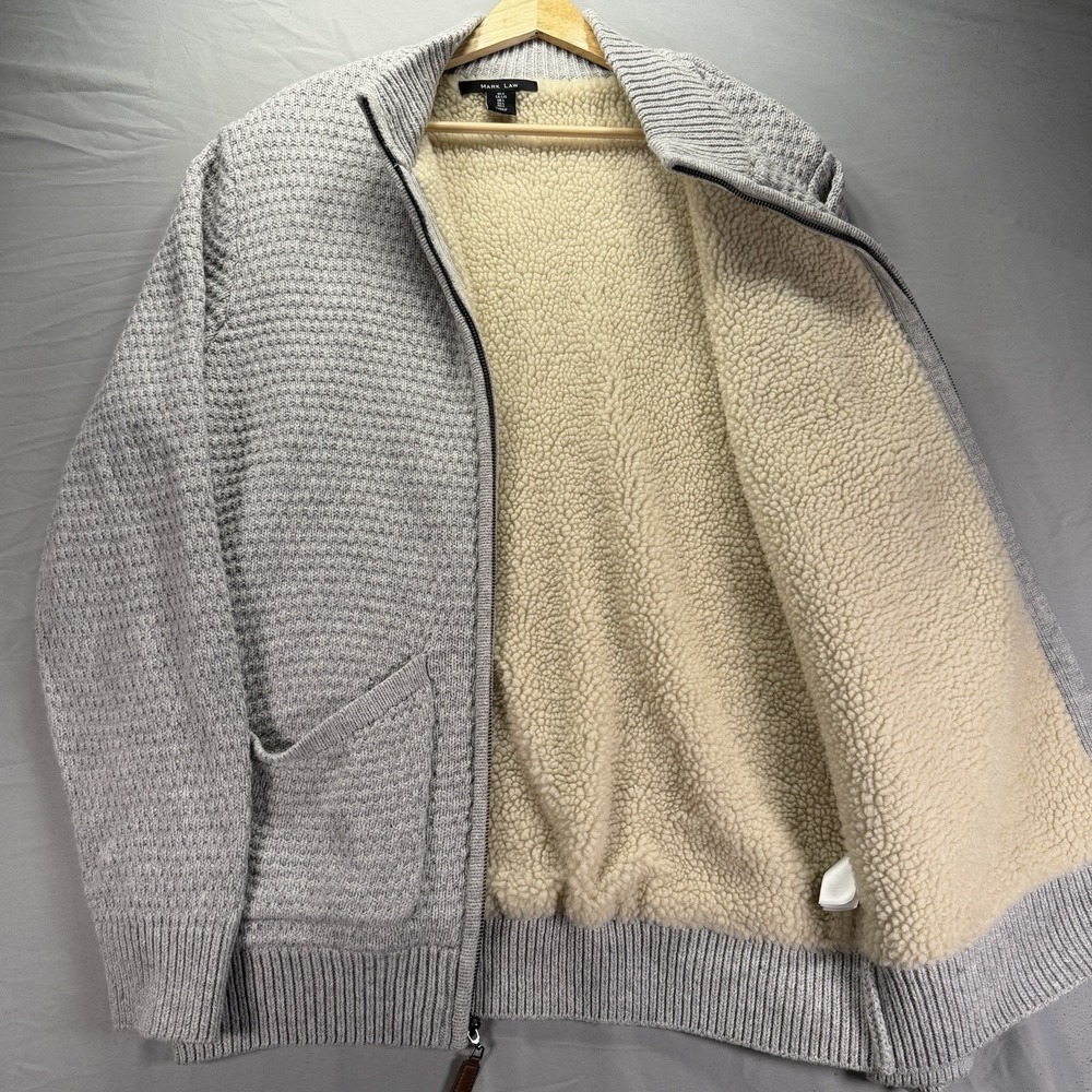 Sherpa Lined Cardigan Sweater Mens Large Full Zip Knit Mark Law Winter Warm